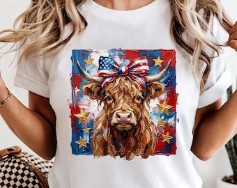 Comfort Colors® Patriotic Highland Cow Shirt, American Flag Cow Tee, 4th of July Shirt, Farm Animal Lover Shirt, Western Country Tee