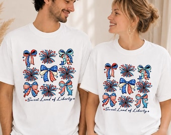 Comfort Colors® Patriotic Bow T-Shirt, Coquette Fourth Of July Tee, Sweet Land Of Liberty Shirt, Americana Graphic Tee