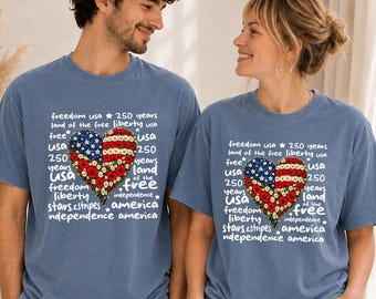 Comfort Colors® America 250 Shirt, Patriotic Floral Heart Tee, American Flag Flower Shirt, USA 250 Years Shirt, Independence Day Tee