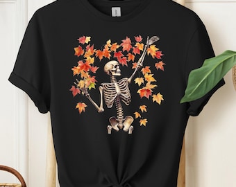 Vintage Halloween Skeleton T-Shirt: Retro Fall Leaves Design