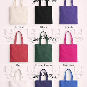 Puede incluir: Una colecci&oacute;n de bolsas de lona en varios colores, incluyendo natural, negro, morado, rojo, verde bosque, rosa intenso, blanco, azul marino y azul real. Cada bolsa tiene asas a juego. El texto "Canvas Tote Bag Colors" est&aacute; en la parte superior.