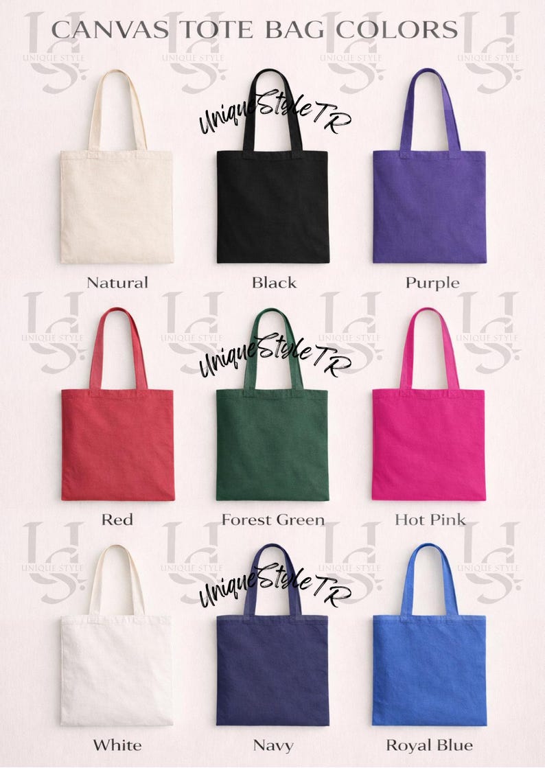 Puede incluir: Una colecci&oacute;n de bolsas de lona en varios colores, incluyendo natural, negro, morado, rojo, verde bosque, rosa intenso, blanco, azul marino y azul real. Cada bolsa tiene asas a juego. El texto "Canvas Tote Bag Colors" est&aacute; en la parte superior.