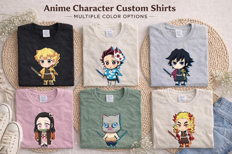 May include: Six t-shirts with anime character designs in various colours, including black, pink, and green. Each shirt features a different character illustration. The text "Anime Character Custom Shirts - MULTIPLE COLOR OPTIONS" is at the top.