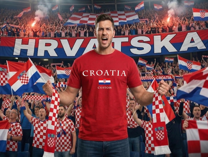 May include: A red t-shirt with "CROATIA" printed on the front, along with the Croatian flag. The image shows a person in a stadium setting, surrounded by fans waving Croatian flags and scarves. The word "HRVATSKA" is displayed on a banner.