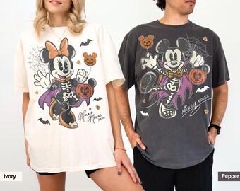 Comfort Colors® Mickey Minnie Halloween Shirt, Mickey Halloween Tee, Minnie Skeleton Shirt, Halloween Couple Shirt, Cute Pumpkin Graphic Tee