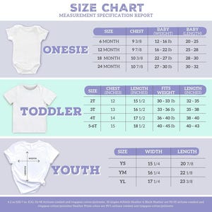 May include: Size chart for onesies, toddler, and youth t-shirts. Measurements include chest, length, and weight in inches and pounds. The chart provides sizing information for various ages and sizes, including 6-month to youth large.