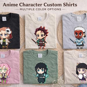May include: Six t-shirts with anime character designs in black, cream, grey, pink, green, and beige. Each shirt features a different anime character illustration with a sword. The text "Anime Character Custom Shirts - MULTIPLE COLOR OPTIONS" is at the top.