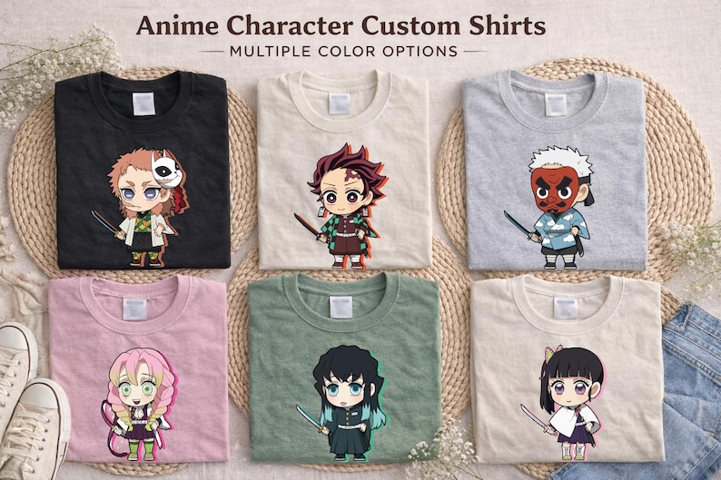 May include: Six t-shirts with anime character designs in black, cream, grey, pink, green, and beige. Each shirt features a different anime character illustration with a sword. The text "Anime Character Custom Shirts - MULTIPLE COLOR OPTIONS" is at the top.
