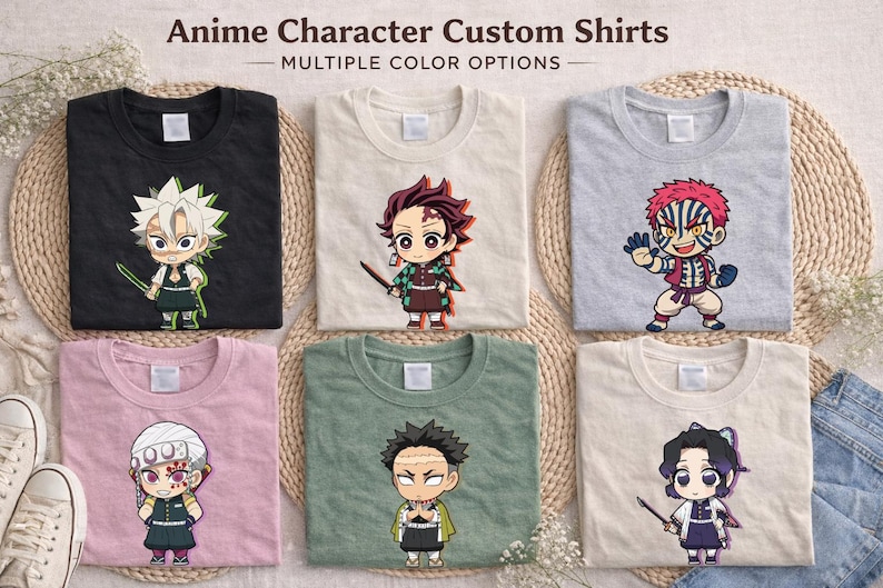 May include: Six t-shirts with anime character designs. The shirts are black, cream, grey, pink, green, and cream. Each shirt features a different character illustration. The text "Anime Character Custom Shirts - MULTIPLE COLOR OPTIONS" is at the top.