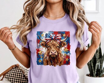 Comfort Colors® Patriotic Highland Cow Shirt, American Flag Cow Tee, 4th of July Shirt, Farm Animal Lover Shirt, Western Country Tee
