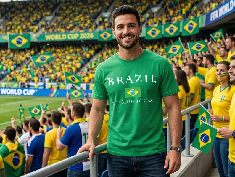 Może przedstawiać: Mężczyzna w zielonej koszulce z białym napisem "BRAZIL", brazylijską flagą i nazwiskiem "Vin&iacute;cius J&uacute;nior". W tle stadion z kibicami trzymającymi brazylijskie flagi i napisem "WORLD CUP 2026".