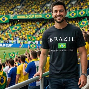 Brazil Soccer Tee, Custom Player Name Shirt, International Match T-Shirt, Brazil Football Gift zdjęcie 2