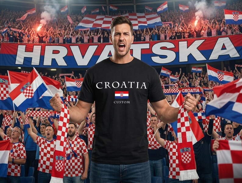 May include: A black t-shirt with "CROATIA" printed in white, featuring the Croatian flag. The image shows a person holding a scarf and flags with the Croatian coat of arms, in a stadium filled with fans.