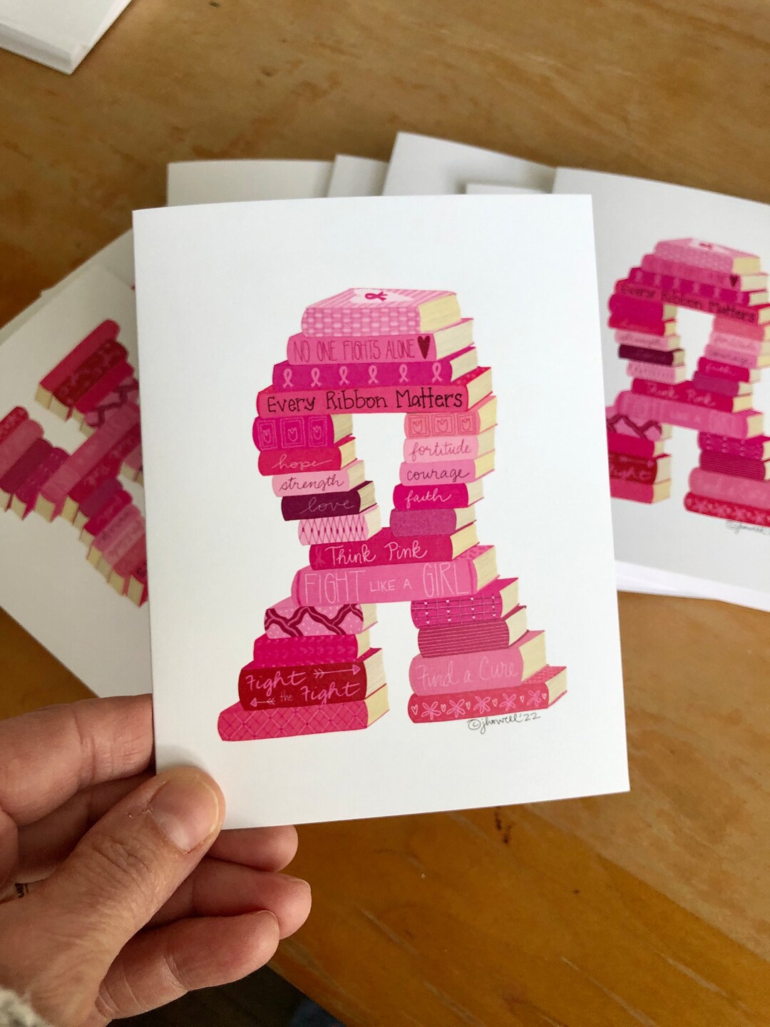 Pink Breast Cancer Awareness Ribbon Book Stack Folded Notecard - Etsy