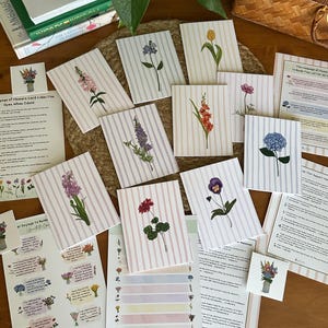 May include: A collection of floral greeting cards with various flower illustrations on striped backgrounds. The cards are accompanied by informational sheets and small cards with floral arrangements. The theme is the language of flowers.