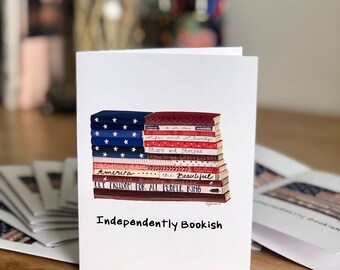July 4th folded notecard; book lover, bookish