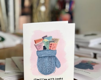 Winter Folded Notecard- mitten with books; bibliophile, bookclub card