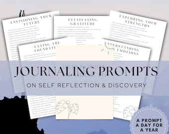 Könnte beinhalten: Ein druckbares Journaling-Prompt-Heft mit hellblauem Hintergrund und einer grün-weißen Illustration eines Monstera-Blattes. Das Heft enthält 360 Prompts zur Selbstreflexion und Entdeckung und ist für ein Jahr konzipiert. Der Text auf dem Cover lautet "Journaling Prompts on Self Reflection & Discovery" und "A Prompt A Day For A Year".