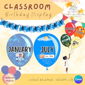 Ballon-Thema Klassenzimmer Geburtstag Display | Druckbare Klassenzimmer Dekor | Lehrreiche Wandkunst | Pinnwand Dekor | Bearbeitbare Canva-Vorlagen