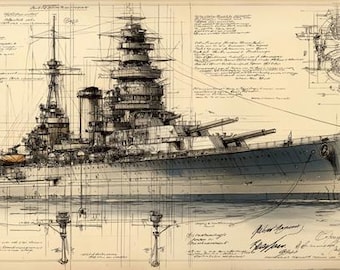Könnte beinhalten: Detaillierte Blaupausen-Illustration eines Schlachtschiffs, in Grau- und Blautönen auf gealtertem Papier dargestellt. Die Zeichnung zeigt die Struktur des Schiffs, einschließlich Türmen, Masten und Waffen, mit Anmerkungen und technischen Details.