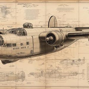 Puede incluir: Ilustración de plano vintage de un bombardero B-24 Liberator. La imagen presenta el diseño del avión, con múltiples vistas y anotaciones técnicas. La paleta de colores es en tonos sepia, lo que le da un aspecto clásico e histórico.