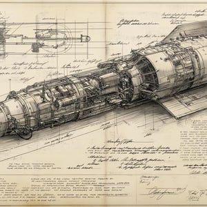 Peut inclure: Dessin technique détaillé d'un vaisseau spatial futuriste, rendu en niveaux de gris. L'illustration de type plan montre la mécanique interne et la structure externe du vaisseau, avec des notes et des schémas manuscrits.