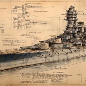 May include: A detailed blueprint illustration of a battleship, with intricate line drawings and watercolour washes. The image shows the ship's design, with multiple views and technical annotations. The colour palette includes shades of blue, grey, and beige.