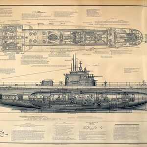 May include: Detailed blueprint of a submarine, showing top and side views with internal components. The illustration is in monochrome, with technical annotations and signatures.