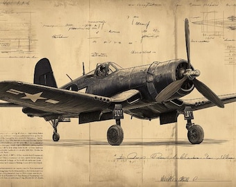 May include: A detailed technical illustration of a vintage propeller-driven fighter aircraft set against a sepia-toned background featuring handwritten notes, engineering diagrams, and technical specifications in a blueprint style layout.
