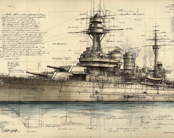 Könnte beinhalten: Detaillierte Illustration eines Schlachtschiffs in Sepiatönen mit aufwendigen Linienzeichnungen. Das Bild zeigt die Struktur des Schiffs, Kanonen und Masten, mit einer amerikanischen Flagge. Der Hintergrund enthält handschriftliche Notizen und Diagramme.
