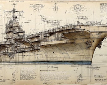 Könnte beinhalten: Eine Illustration eines Kriegsschiffs, wahrscheinlich eines Flugzeugträgers, mit detaillierten architektonischen Zeichnungen und Anmerkungen. Das Bild ist in einem Vintage-Stil gehalten, mit einer beige-blauen Farbpalette und enthält verschiedene technische Diagramme.