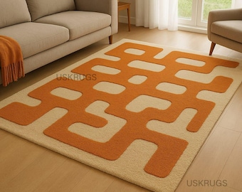 Hand Tufted Wool Rug, Terracotta Abstract Geometric Carpet, Modern Organic Area Rug