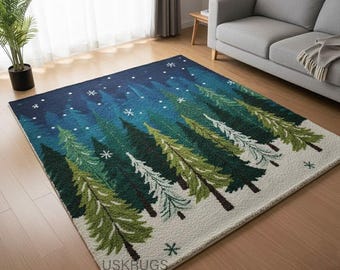 Handmade Wool Tufted Rug: Modern Forest, Winter Pine Tree Design