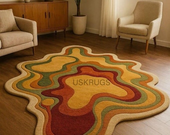 Handmade Wool Tufted Rug, Retro Wavy Abstract Area Carpet, Mid Century Modern Irregular Shape