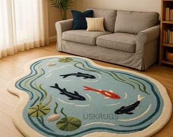 Hand Tufted Wool Koi Fish Rug, Irregular Pond Shape