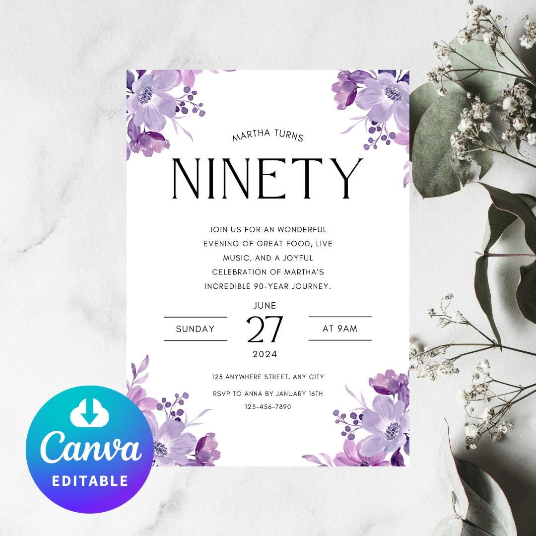 90th Birthday Invitation, Ninetieth Birthday, Adult, Women's