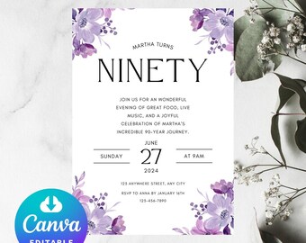 Puede incluir: Invitación a una fiesta de cumpleaños número 90 con diseño floral morado, el texto "Martha Turns Ninety" y la fecha "June 27, 2024" a las 9:00 AM. La invitación incluye la dirección "125 Anywhere Street, Any City" y la información de RSVP.