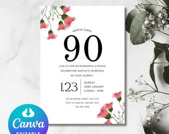 Puede incluir: Una tarjeta de invitación blanca con ilustraciones florales rosas. El texto en la tarjeta dice "Martha Turns 90" e incluye detalles para una celebración de cumpleaños número 90. El evento es el domingo 23 de enero de 6:30 PM a 10 PM. La dirección es 123 Anywhere Street, Any City. RSVP a Anna antes del 16 de enero al 123-456-7890.