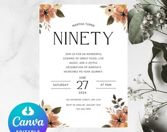May include: A white invitation with floral accents announces Martha's 90th birthday celebration. The text reads "NINETY" in large letters, with details for June 27, 2024, at 9 AM. The Canva logo is visible.