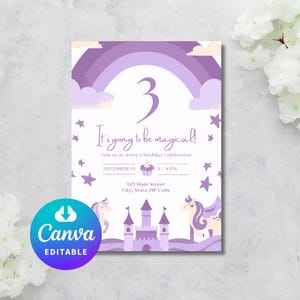 Unicorn Birthday Invitation, Girls Birthday, Kid, Children&#39;s, Canva, Unicorns, Purple, Editable, Template, Instant Download