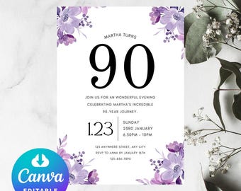 Puede incluir: Invitación de cumpleaños floral púrpura con el texto "Martha Turns 90" y la fecha "Domingo, 23 de enero, 6:30pm - 10pm".