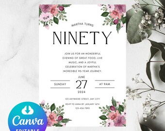 Puede incluir: Una tarjeta de invitación blanca con bordes florales rosas. El texto dice "Martha Turns Ninety" e incluye detalles para una celebración de cumpleaños número 90. La fecha es el 27 de junio de 2024, a las 9:00 AM. La ubicación es 125 Anywhere Street, Any City. RSVP a Anna antes del 16 de enero, 123-456-7890.