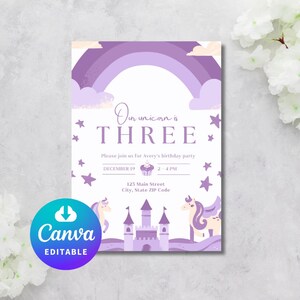 Unicorn Birthday Invitation, Girls Birthday, Kid, Children&#39;s, Canva, Unicorns, Purple, Editable, Template, Instant Download