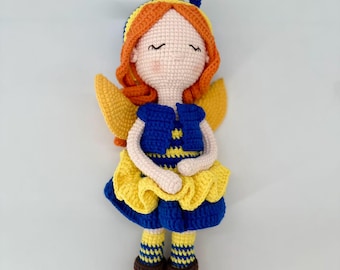 Crochet doll, handmade, blue and orange outfit, shower gift, birthday gift