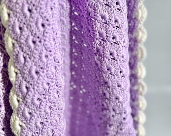 Handmade Crochet Baby Blanket: Purple Shell Stitch Cotton Wool Throw