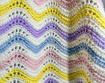 Handmade Crochet Baby Blanket: Multi Color Wave Pattern, Cotton Wool Throw (40"x40")