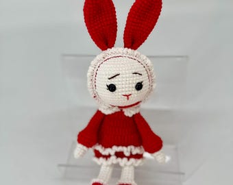 Handmade Crochet Bunny Doll: Red & White Plushie