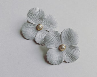 RAQUEL //  White leather flower with pearl detail / Modern wedding earring