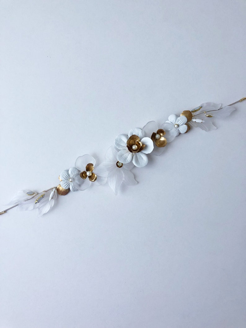 Callahan: hand made / resin floral wedding sash / white and gold detail with opal image 5