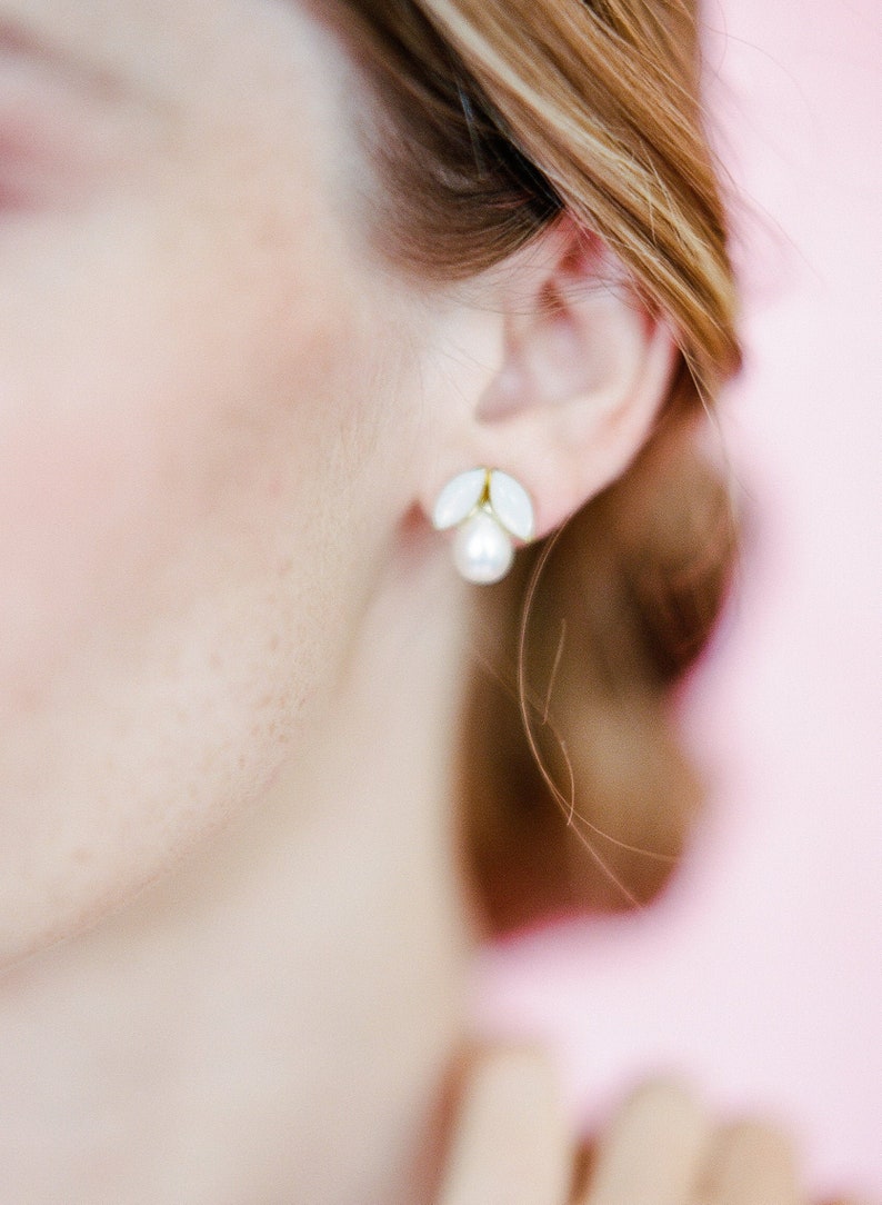 Polly earrings / pearl and moonstone stud earring / classic wedding style image 1